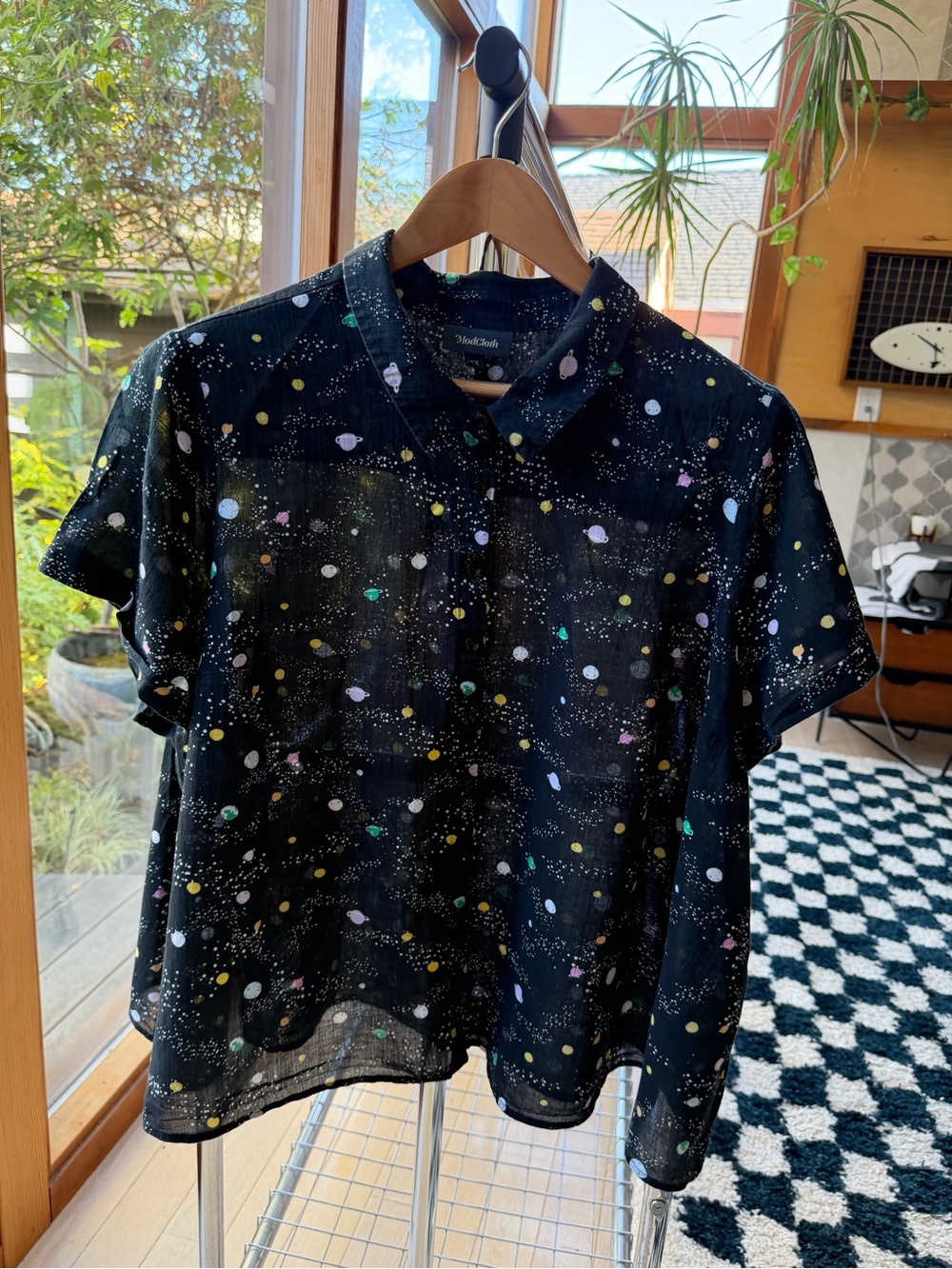 Women’s Black Short-Sleeve Button-Front Shirt with Multicolor Planets Print 3x